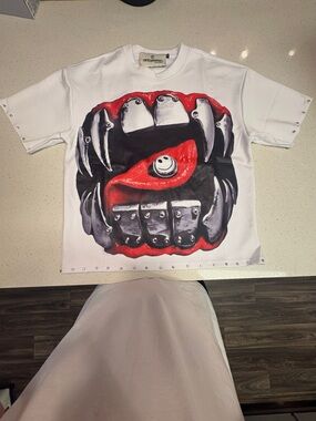 White Graphic Tee with Red and Black Bite Mask Design